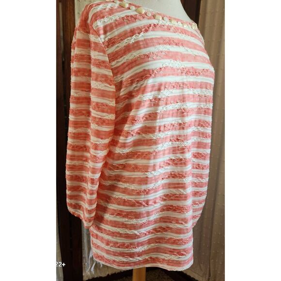 +6 Ruby Rd coral and cream stripe top. Beads around neckline and tie at one side - Picture 4 of 11